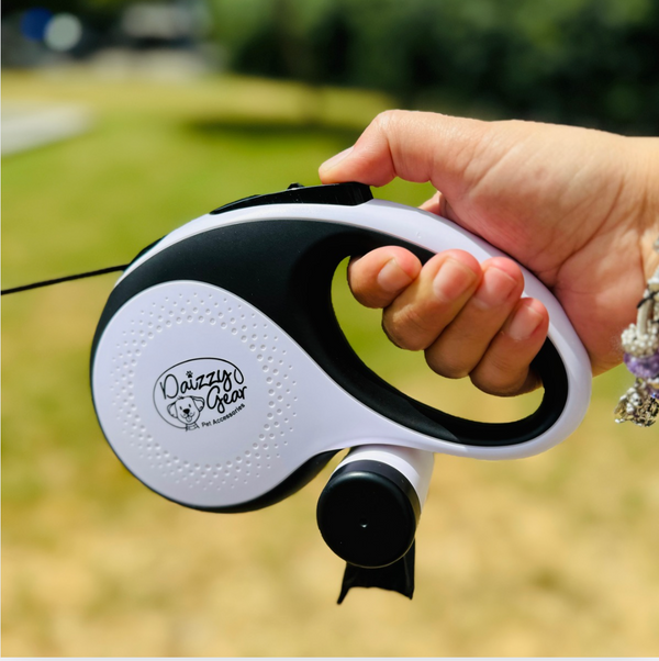 Retractable White Dog Leash with Poop Bag Dispenser