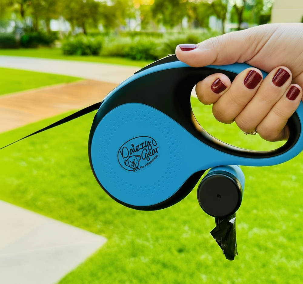 Retractable Blue Dog Leash with Poop Bag Dispenser