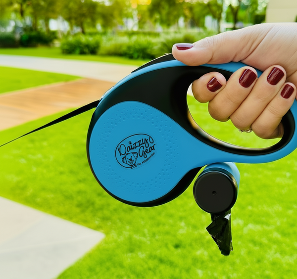 Retractable Blue Dog Leash with Poop Bag Dispenser
