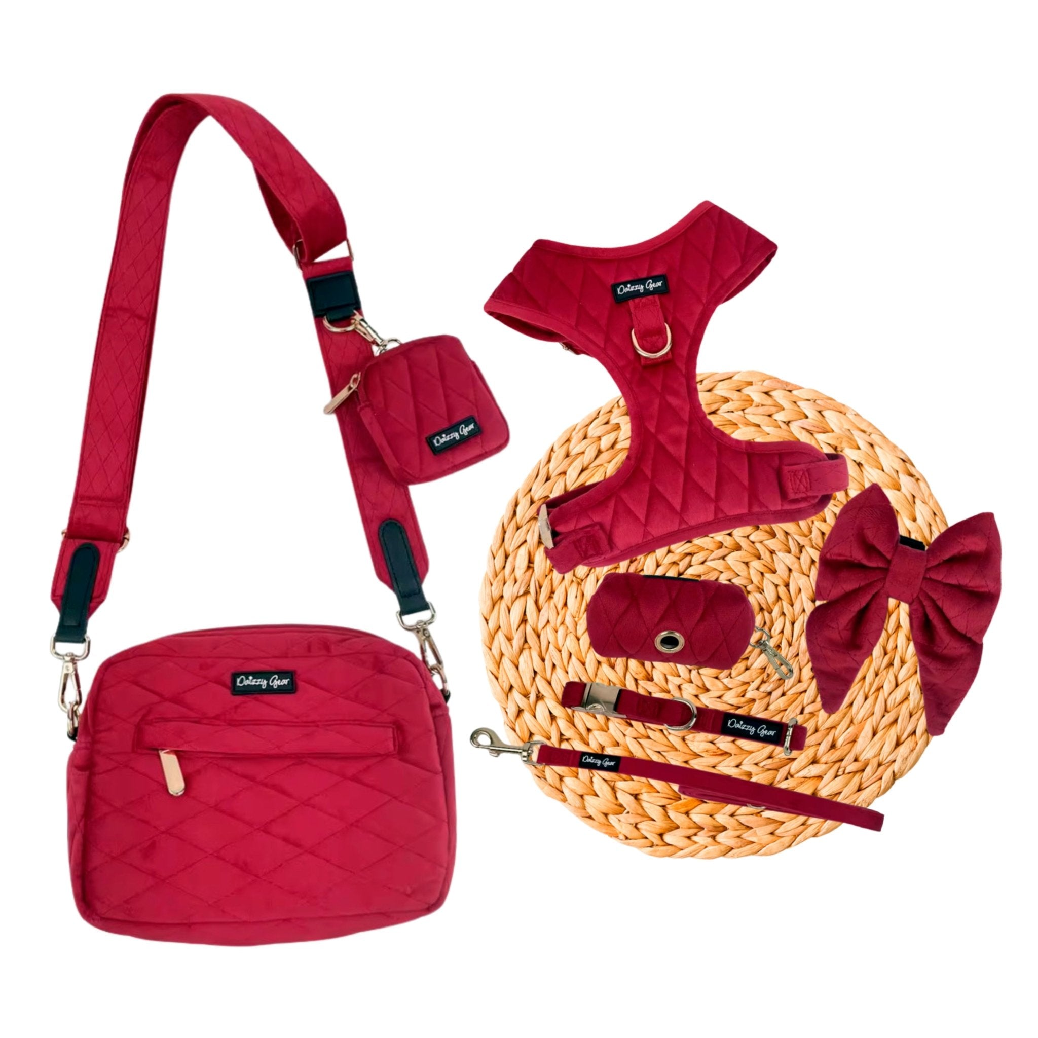 Pup Wishes Red Velvet Christmas Dog Twinning Bundle ( Dog Walking Set + Bag) - Daizzy Gear - Stylish Accessories for Dogs