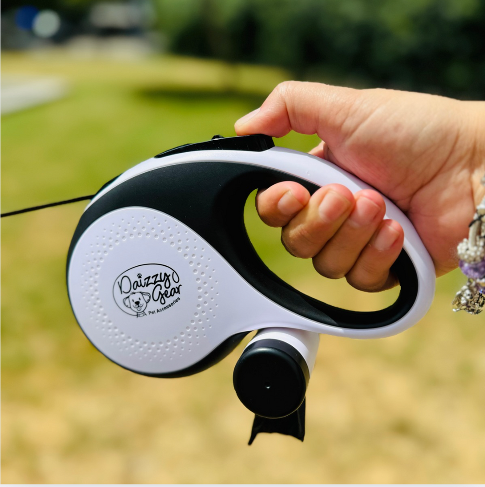 Retractable White Dog Leash with Poop Bag Dispenser