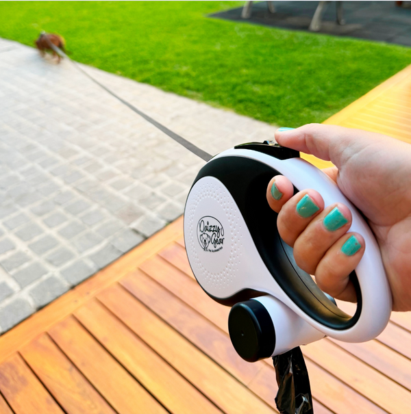 Retractable White Dog Leash with Poop Bag Dispenser