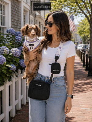 A woman wearing a white t-shirt and light blue jeans holds a small brown dachshund dog wearing a matching bandana. She is wearing a black crossbody bag with a purple and white floral patterned strap, branded 'Crazy Dog'.