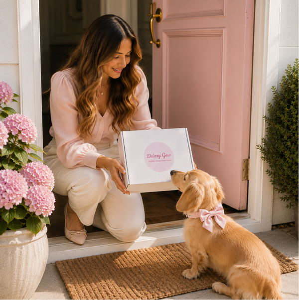 A woman kneels at a pink front door holding a white box labeled 'Dining Gear' while a golden retriever dog wearing a pink bow looks on. Pink flowers and a brown doormat are visible in the scene.