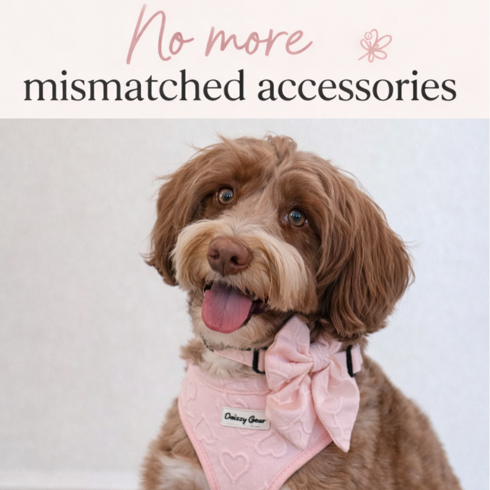 Pink pet harness with heart patterns, matching collar, leash, and bandana on a white background.