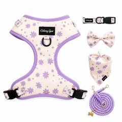 Dog harness, leash, collar, and bandana set with purple floral pattern on a white background