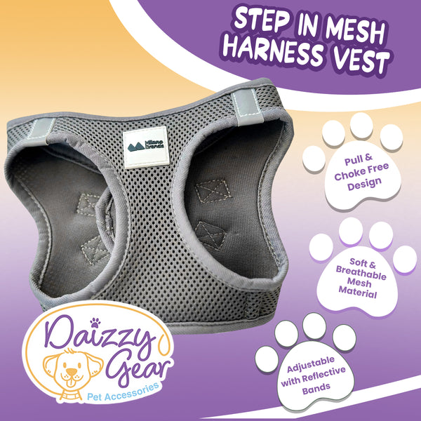 Gray step-in mesh harness vest with Daizzy Gear branding on a purple background