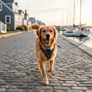 a dog wearing a blue harness in nantucket