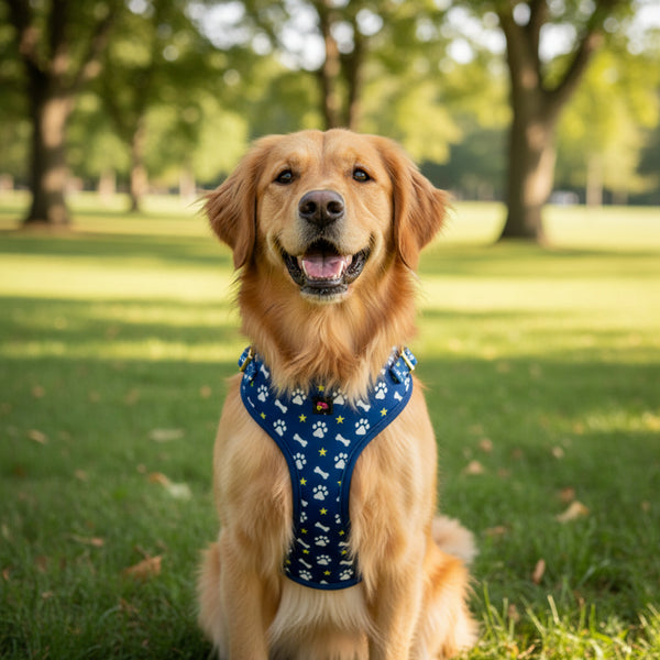 Blue dog harness with paw and bone pattern on a light gray background