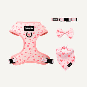 Pink heart-patterned pet harness, collar, bow tie, and bandana set on a white background.