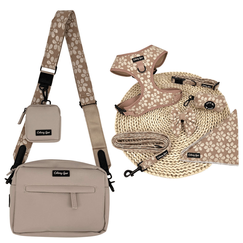 Cocoa Bloom Beige Dog Mom Twinning Bundle ( Dog Walking Set + Matching Bag) - Daizzy Gear - Stylish Accessories for Dogs
