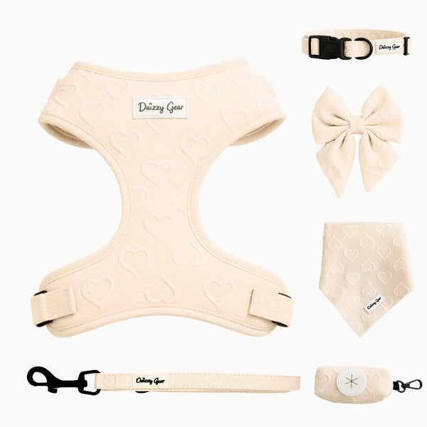 Collection of beige pet accessories including a harness, collar, bow tie, and bandana on a white background.