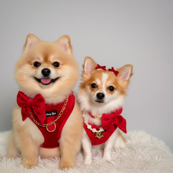 Two small dogs in festive outfits with a Christmas-themed background