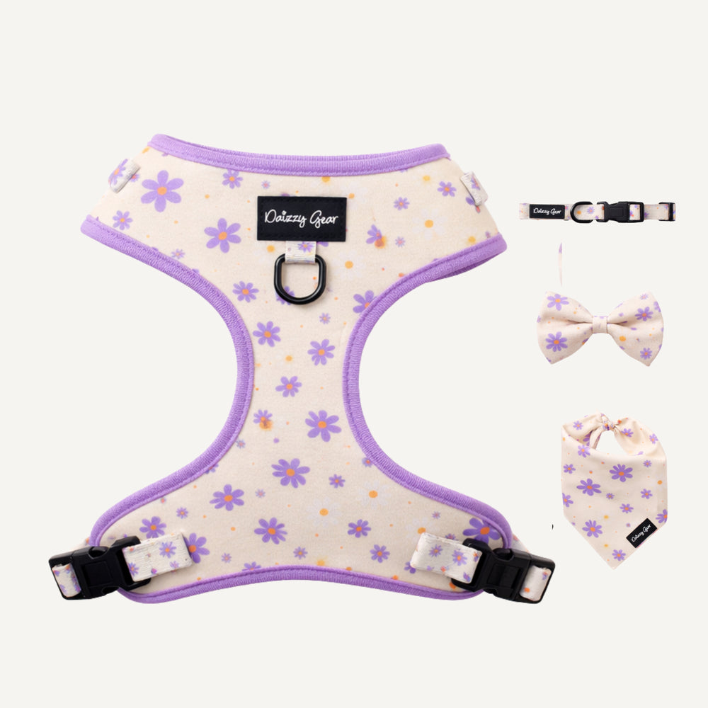 Pet harness, collar, and bow tie set with purple floral pattern on a white background