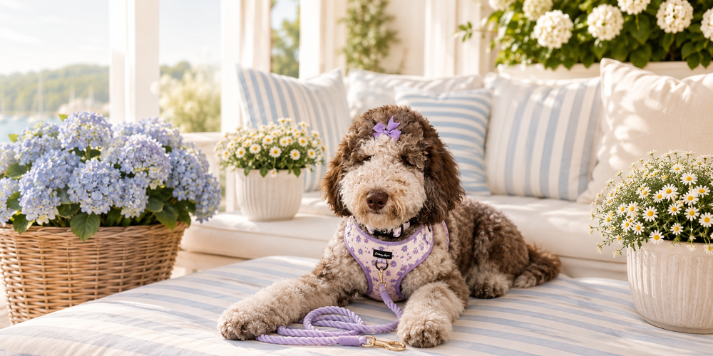 Dog lying on a striped blanket with flowers and a couch in the background