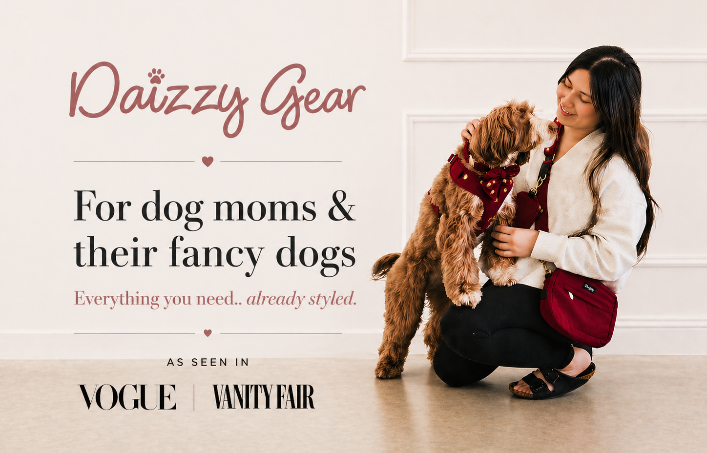 a dog mom with her dog wearing daizzy gear