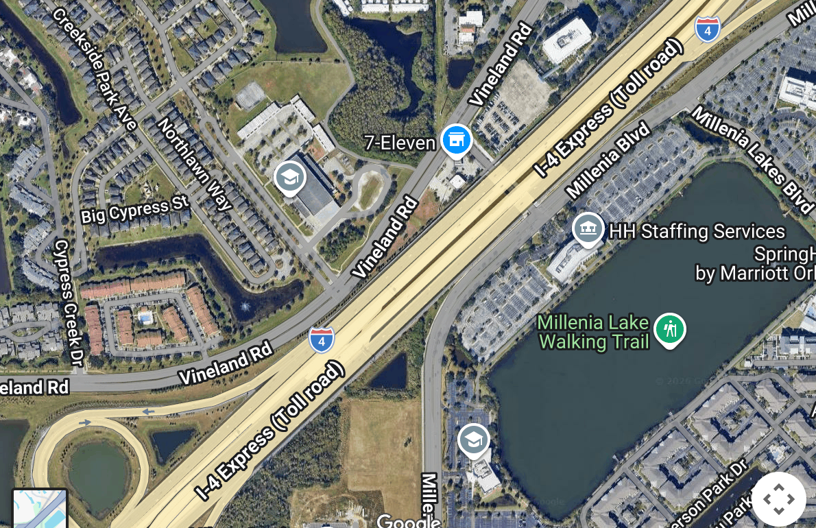 Map view of a suburban area with roads, buildings, and landmarks.