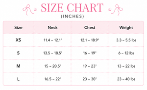Size chart for clothing measurements in inches and weight on a pink background