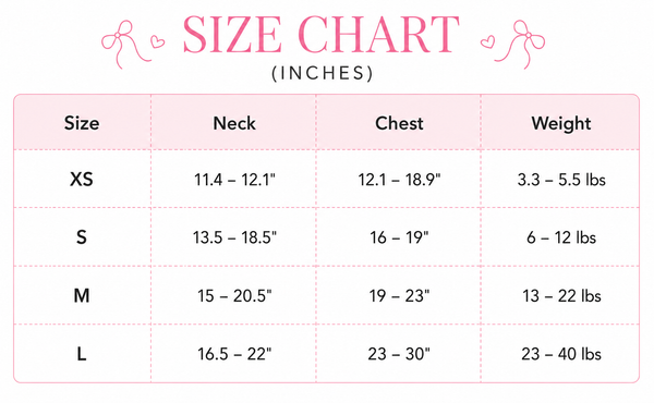 Size chart for clothing measurements in inches and weight on a pink background