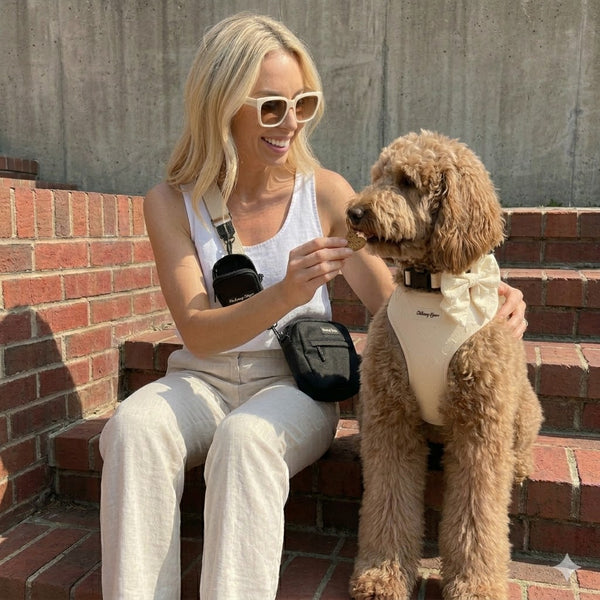 Woman sitting on a brick step with a dog, both wearing white outfits.
