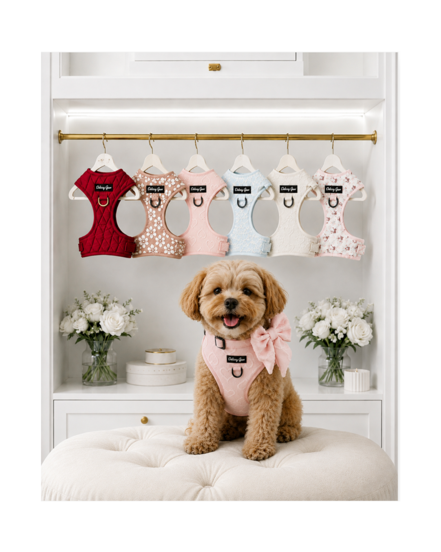 A small tan dog wearing a pink harness with a large bow sits on a cream tufted bench in front of a white cabinet. Above the bench, six pet harnesses in red, beige, pink, light blue, white, and floral print hang on a gold rod.