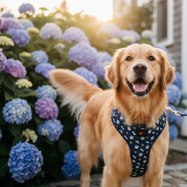 Golden retriever dog wearing a blue harness with paw prints standing in front of hydrangea flowers.