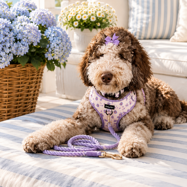 Dog sitting on a striped blanket with flowers and a couch in the background