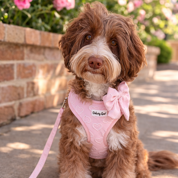 Dog wearing a pink harness with a bow, sitting on a sidewalk with flowers in the background.