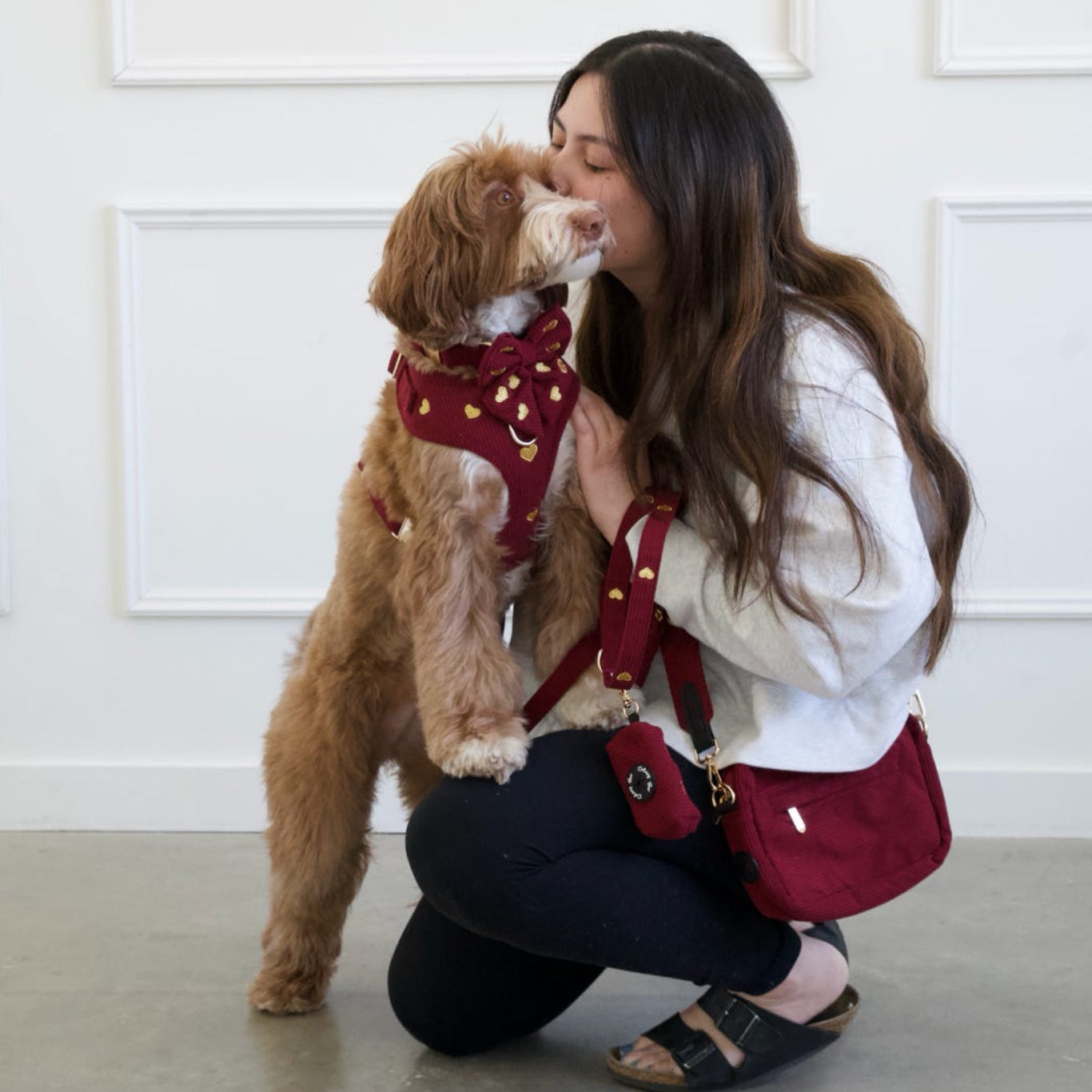 a cute dog wearing a coordinated matching set with her dog mom