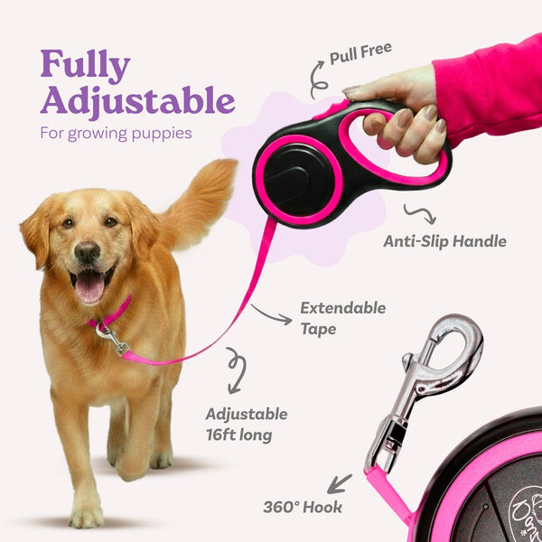 Pink Retractable Dog Walking Leash ( up to 44 lbs) - Daizzy Gear - Stylish Accessories for Dogs