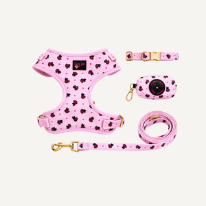 Pink dog harness, collar, and leash set with black polka dots on a white background