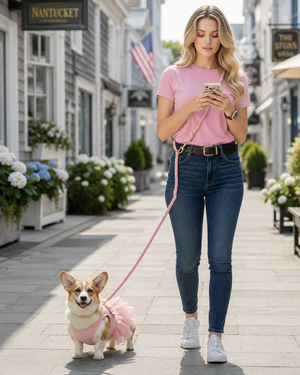 Woman walking a dog on a leash in a city street with shops and flowers.