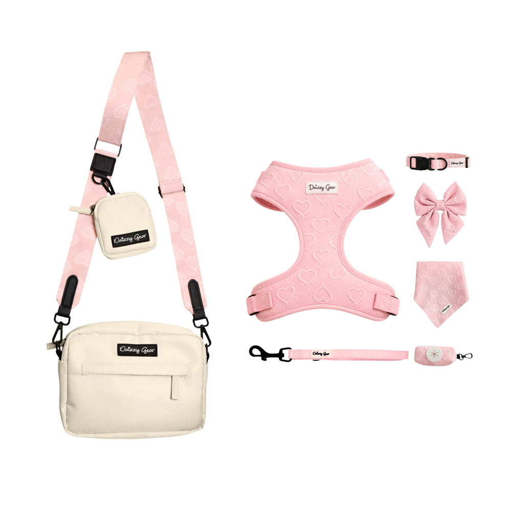 A pet accessory set in pink and cream, including a matching crossbody bag, harness, leash, bandana, bow, collar, and clip, all branded with 'Daisy Go'.