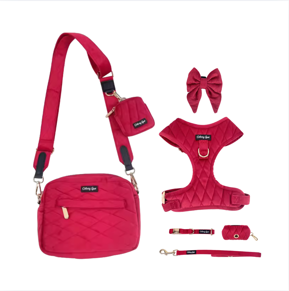 A pet accessory set in a deep magenta pink quilted nylon fabric, including a crossbody bag with an adjustable strap, a small pouch, a diamond-quilted harness, a matching bow headband, a leash, and a small zippered pouch. The set is displayed on a clean white background.