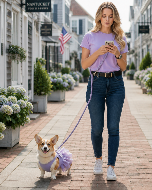Woman in purple shirt and jeans walking a dog in a purple outfit on a city street.