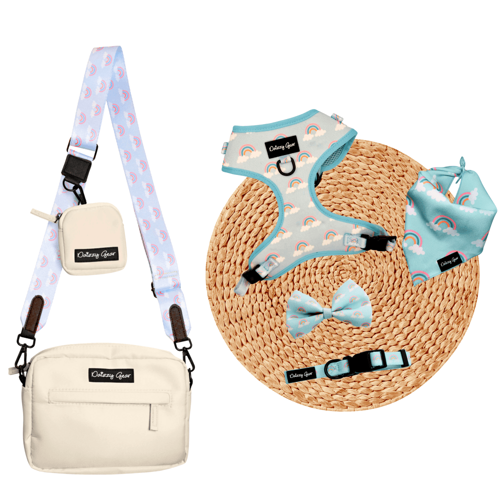 Rainbow Bliss Blue Dog Mom Twinning Bundle ( Dog Walking Set + Matching Bag) - Daizzy Gear - Stylish Accessories for Dogs