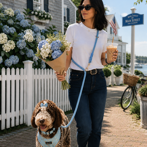 Woman walking a dog on a leash, holding flowers and a coffee cup, with a scenic background.