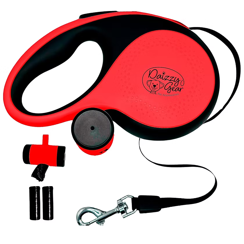 Retractable Red Dog Leash with Poop Bag DIspenser