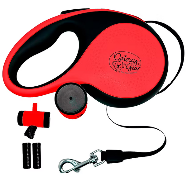 Retractable Red Dog Leash with Poop Bag DIspenser