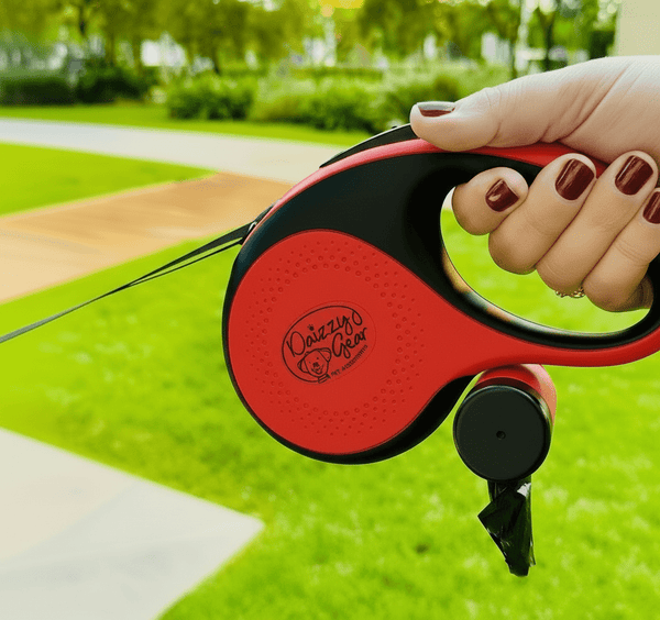 Red Retractable Dog Leash with Poop Bag DIspenser - Daizzy Gear - Stylish Accessories for Dogs