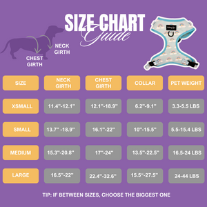 Size chart guide for pet harnesses with measurements on a purple background