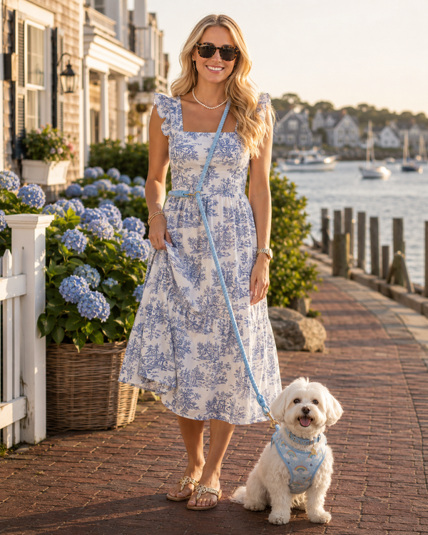 Woman in a blue floral dress walking a dog on a leash by a waterfront.