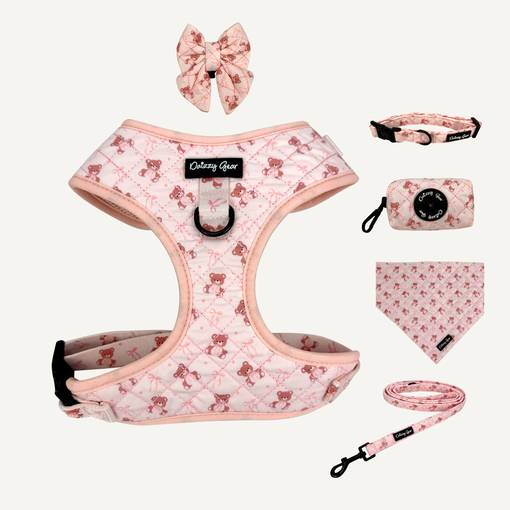 Set of pink pet accessories including a harness, leash, bandana, and headband on a white background.