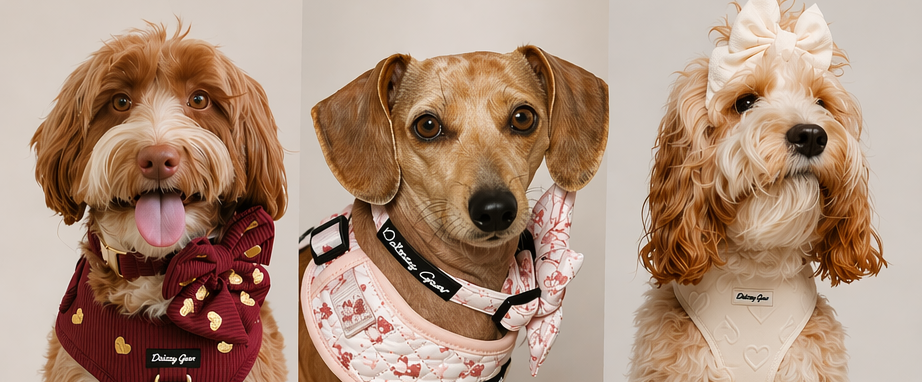 Promotional image for Daizzy Gear's Fancy Dog Giveaway with five dogs wearing various outfits.