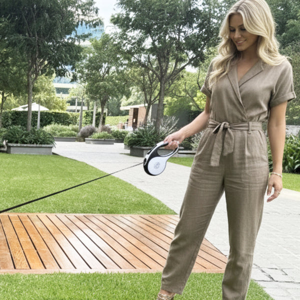 Retractable White Dog Leash with Poop Bag Dispenser