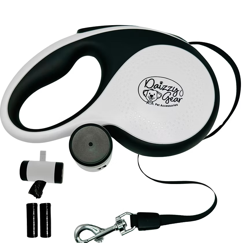 White Retractable Dog Leash with Poop Bag Dispenser - Daizzy Gear - Stylish Accessories for Dogs